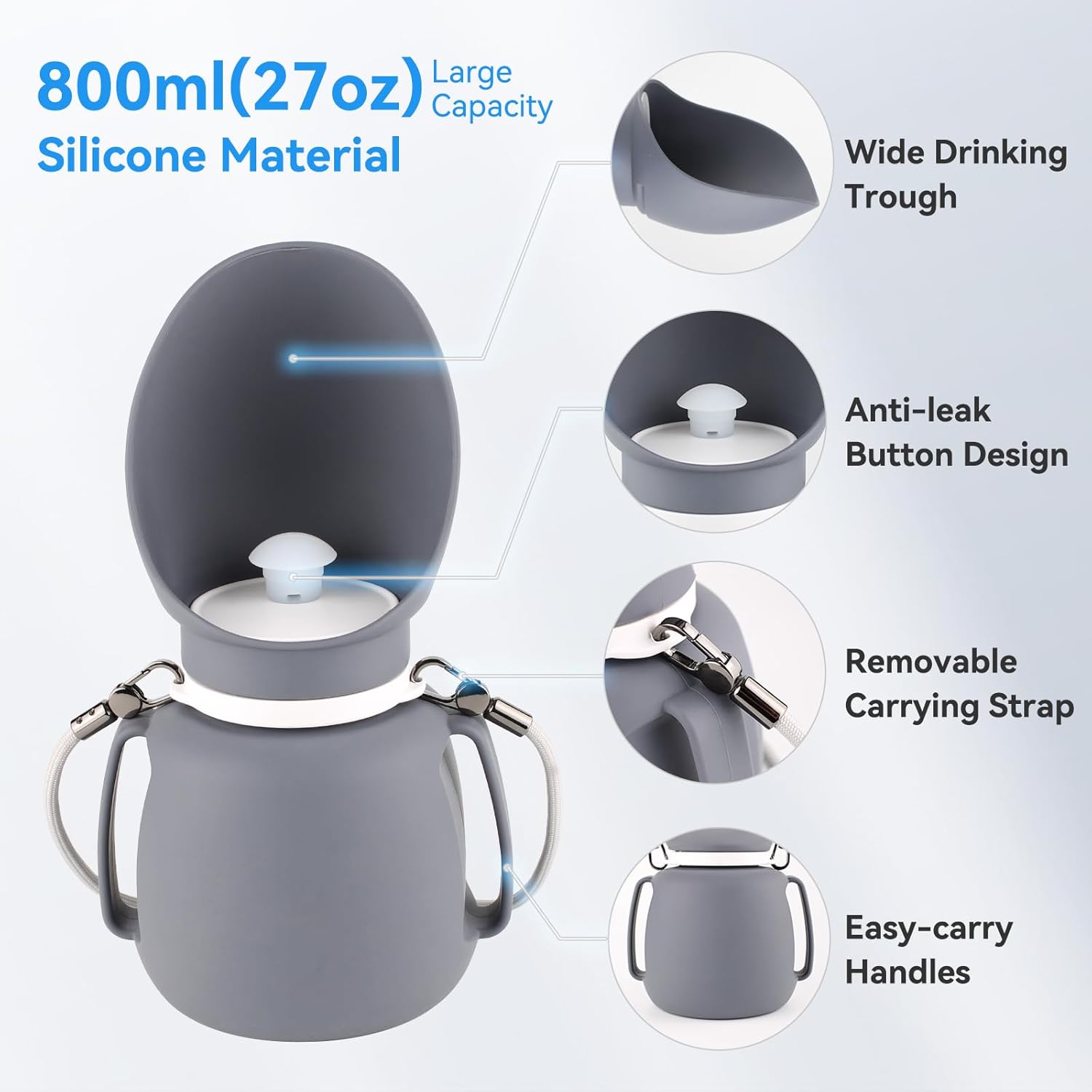 NAMSAN Portable Water Bottle for Dogs, High-Capacity 800ML, Silicone Dog Water Bottle with Lanyard, Leakproof Dog Travel Cup, BPA-Free & Chew-Proof Design, Grey - Image 4