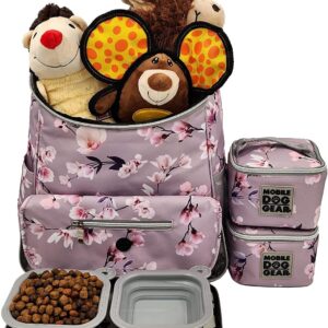 Mobile Dog Gear Week Away Dog Travel Bag Backpack (13″x7″x16″, Floral) – Includes 2 Pet Food Storage Containers + 2 Collapsible Dog Water Bowls – Airline Approved Travel Accessories, Great for Trips