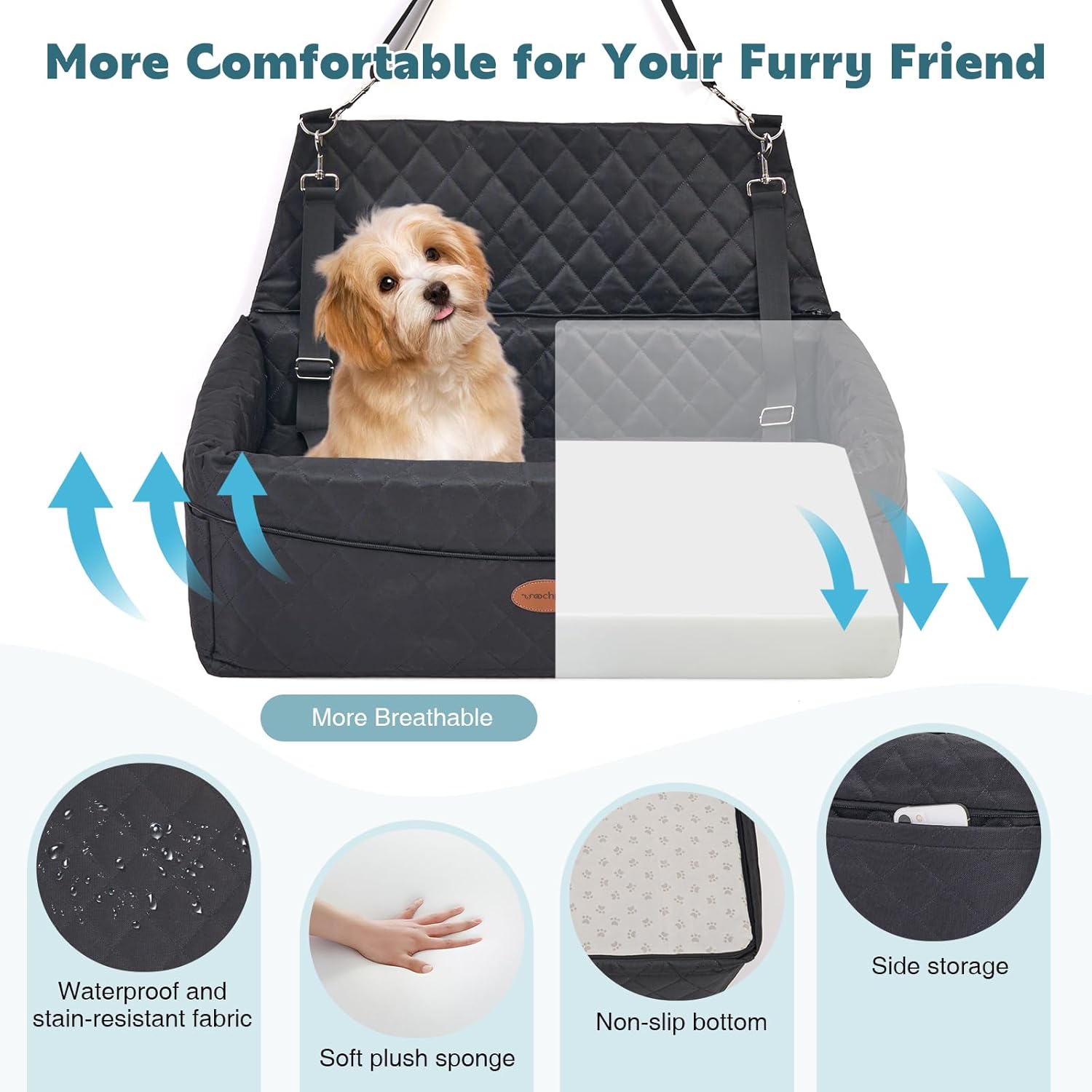Dog Car Seat for Large/Medium Pet, Anti Slip Bottom Dogs Booster Seat for All Seasons,Pet Travel Bed with Thick Dog Sofa Cushion,2 Safety Leashes(Black) - Image 5
