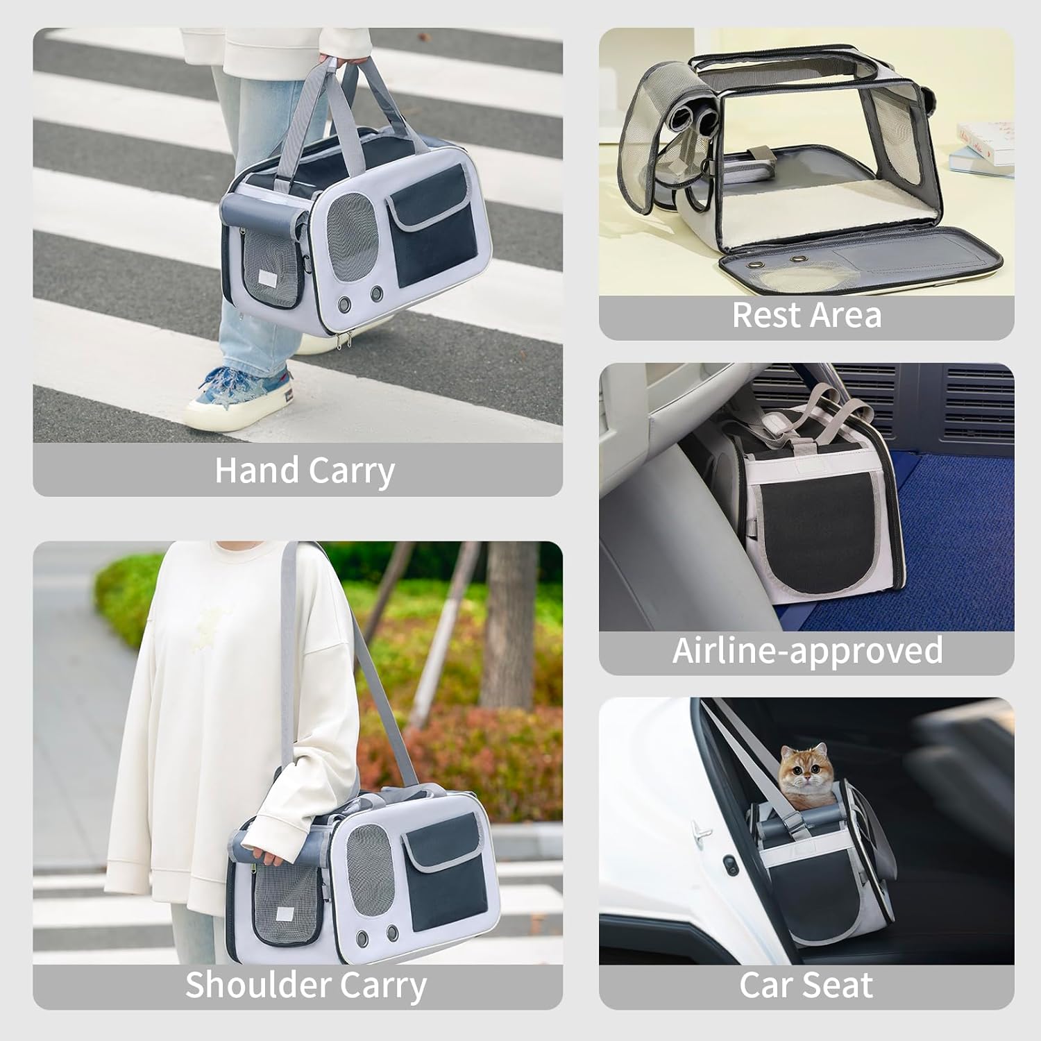 Cat, Dog Carrier for Pets up to 17 lbs, Soft-Sided Collapsible Pet Carrier with Sturdy Base, Roll-up Curtain and Large Storage Bag, Cat Bag for Medium Cats and Small Dogs - Image 5