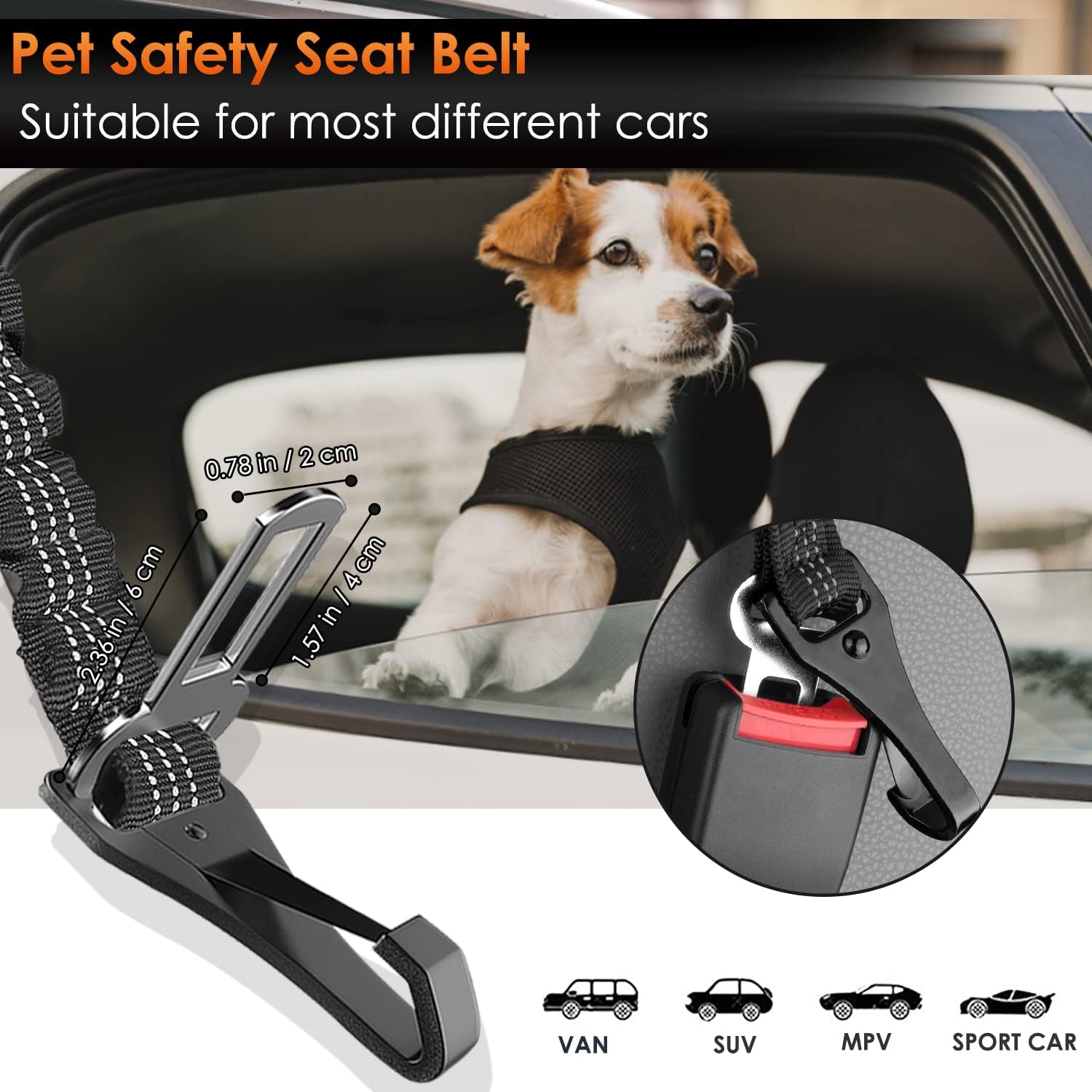 SlowTon Dog Seat Belt, Adjustable Dog Safety Belt Leash, 2 in 1 Latch Bar Attachment Dog Car Seatbelt with Elastic Nylon Bungee Buffer, Reflective Nylon Belt Tether Connect to Dog Harness (Black) - Image 4
