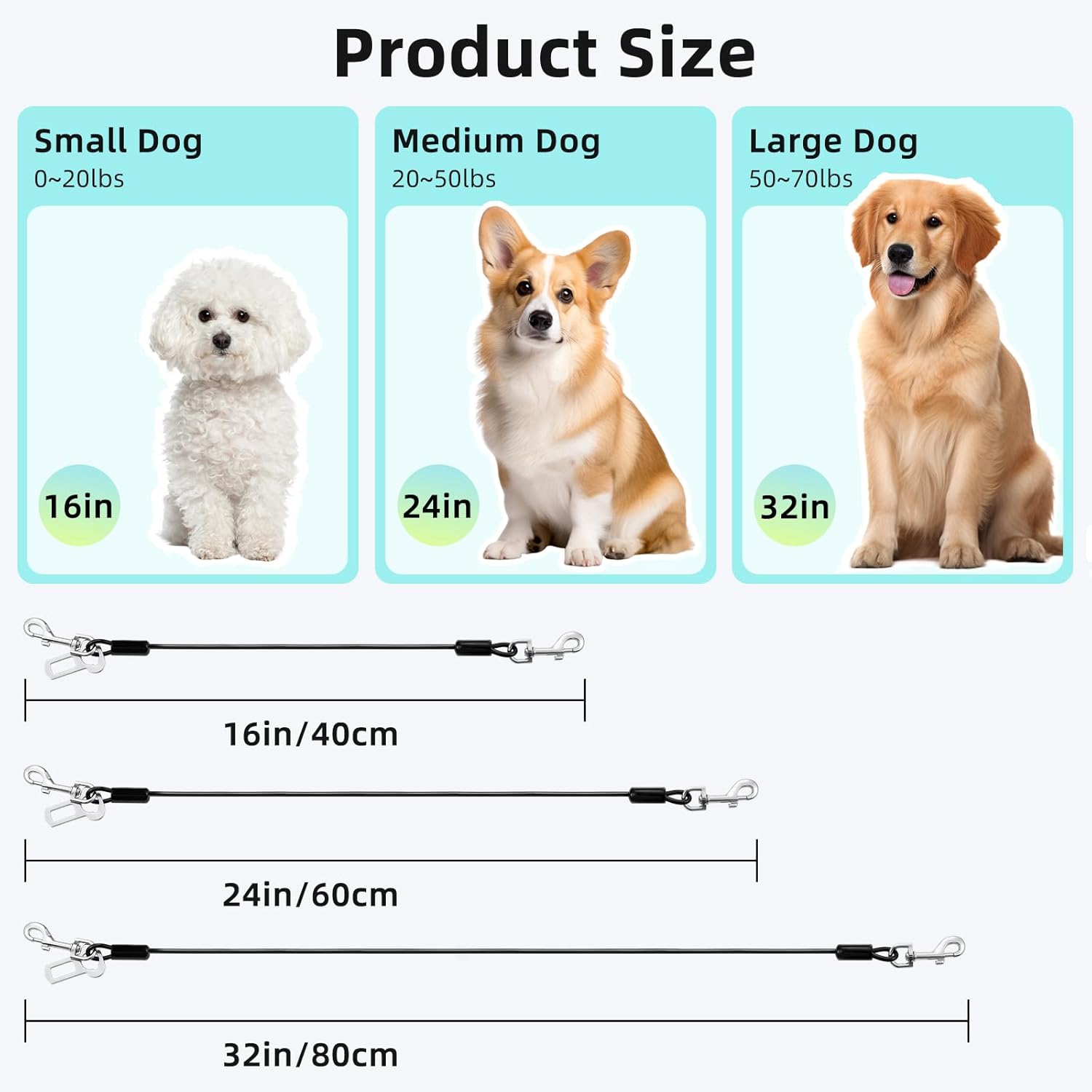 Dog Seat Belt for Car, 32" Chew-Proof Coated Wire Dog Car Leash Seat Belt, Dog Leash with Buckles and Latch, Safety Harness for Small, Medium, Large Dog or Cat, Travel, Black, 1 Pack - Image 6