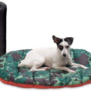 Furhaven Outdoor Travel Dog Bed for Small Dogs w/ Carry Bag, Washable & Foldable, Great for Crates & Kennels – Trail Pup Travel Pillow Mat w/ Stuff Sack Bag – Paprika/Camo-Paw, Small