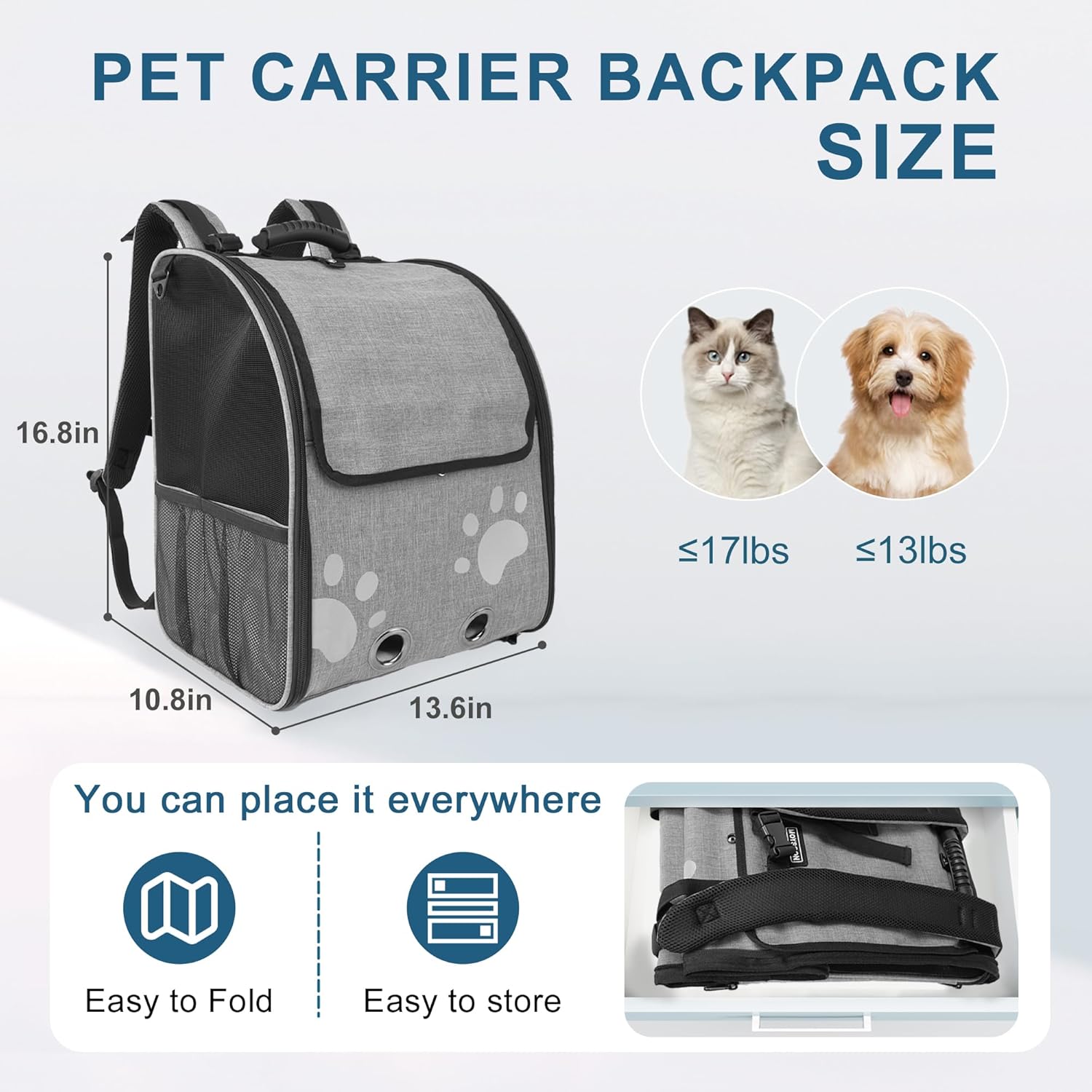 Small Dog Carrier Backpack, Breathable Cat Carrier Large Space, Ventilated Mesh Small Dog Travel Pet Backpack,for Hiking Walking Outdoor, Dogs up to 13 lbs, Cats up to 17 lbs (Grey). - Image 4