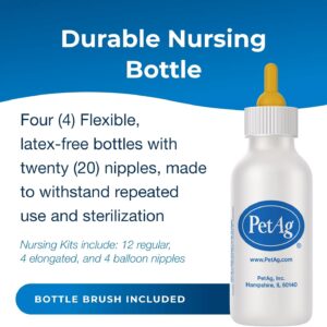 Pet-Ag Nursing Kit – 2 oz, Pack of 4 – Promotes The Natural Feeding of Liquids to Baby Animals – Each Kit includes 2 oz. Bottle with Cap, 5 Nipples & Cleaning Brush
