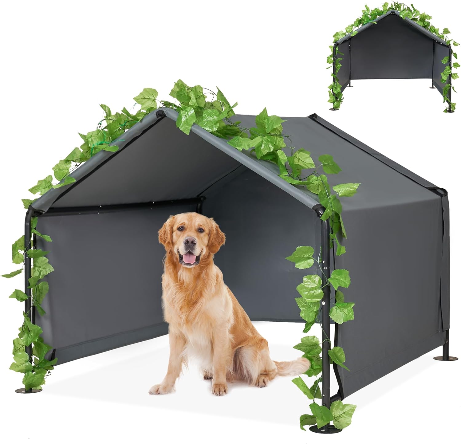 4'x 4'x 3.3' Large Dog Shade Shelter Outdoor Tent Dog House for Large Medium Dogs, Outside Sun Rain Canopy Pet House for Cats Pigs Livestock with Rainproof Cover Artificial Grapevine Leaves - Image 4