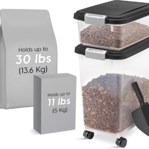 IRIS USA Dog Food Storage Container, 30 lbs & 11 lbs Combo, Cat Food Storage Container, Dog Treat Container, Airtight, Stackable, 2-Cup Scoop, Wheels, Easy Mobility, Black