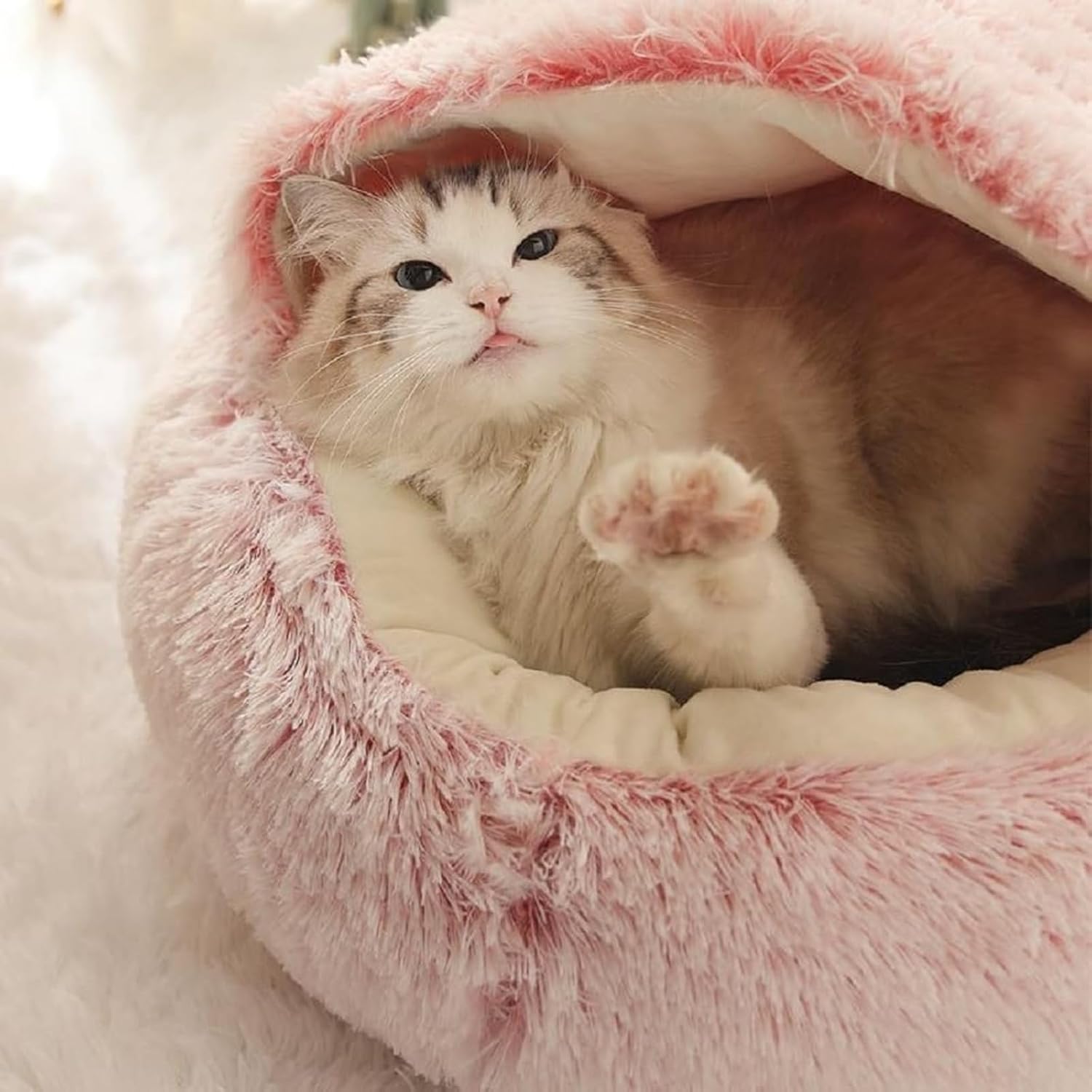 Calming Dog Bed Covered Donut Cat Cave Bed for Indoor Cats Dogs,Fluffy Plush Puppy Cushion Pet Bed Kitten Small Dog Soft Warm Donut Cave Bed Sleeping Bag Sleeping Pillow,Pink,50cm/19.69" - Image 7