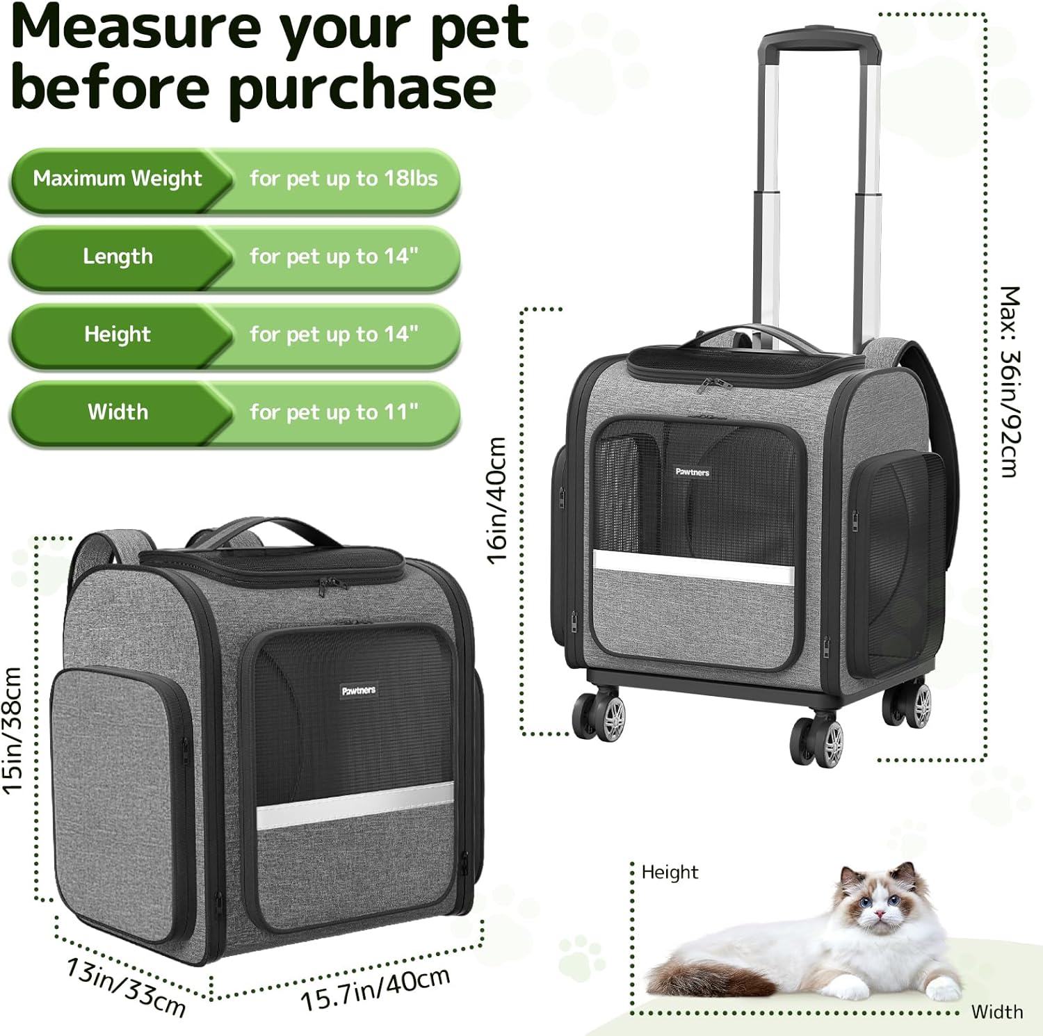 Rolling Cat Carrier with Wheels: Dog Carrier for Small Dogs & Large Cats, Expandable Pet Carrier on Wheels with Cat Play Tunnel, Large Capacity, Breathable Mesh, Side Pocket, Grey - Image 3