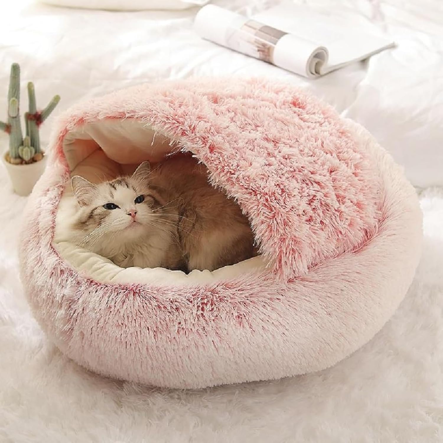 Calming Dog Bed Covered Donut Cat Cave Bed for Indoor Cats Dogs,Fluffy Plush Puppy Cushion Pet Bed Kitten Small Dog Soft Warm Donut Cave Bed Sleeping Bag Sleeping Pillow,Pink,50cm/19.69" - Image 2