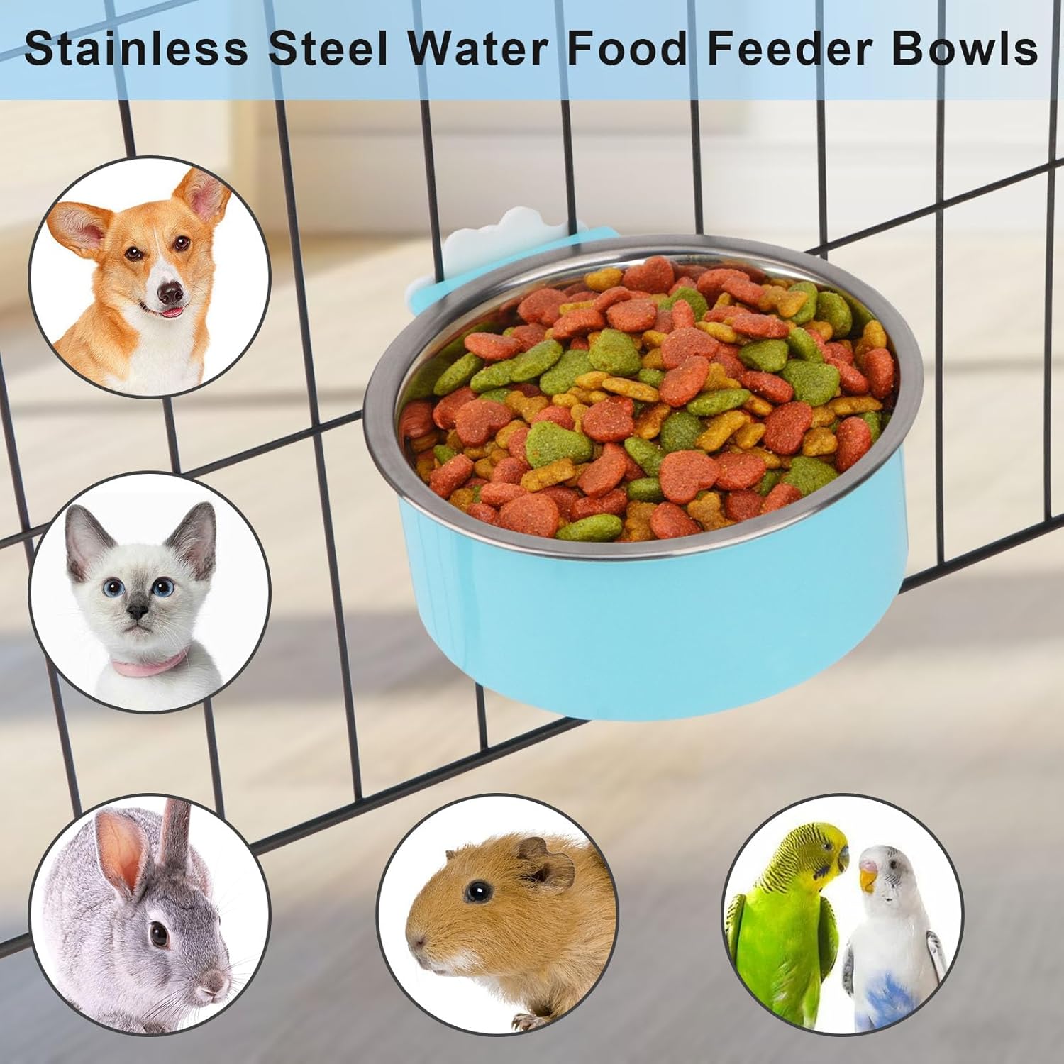 Crate Dog Bowl,Removable Stainless Steel Kennel Water Hanging Food & Water Feeder Crate Water Bowl No Spill for Puppy,Cat,Rabbit,Guinea Pig (Blue) - Image 3