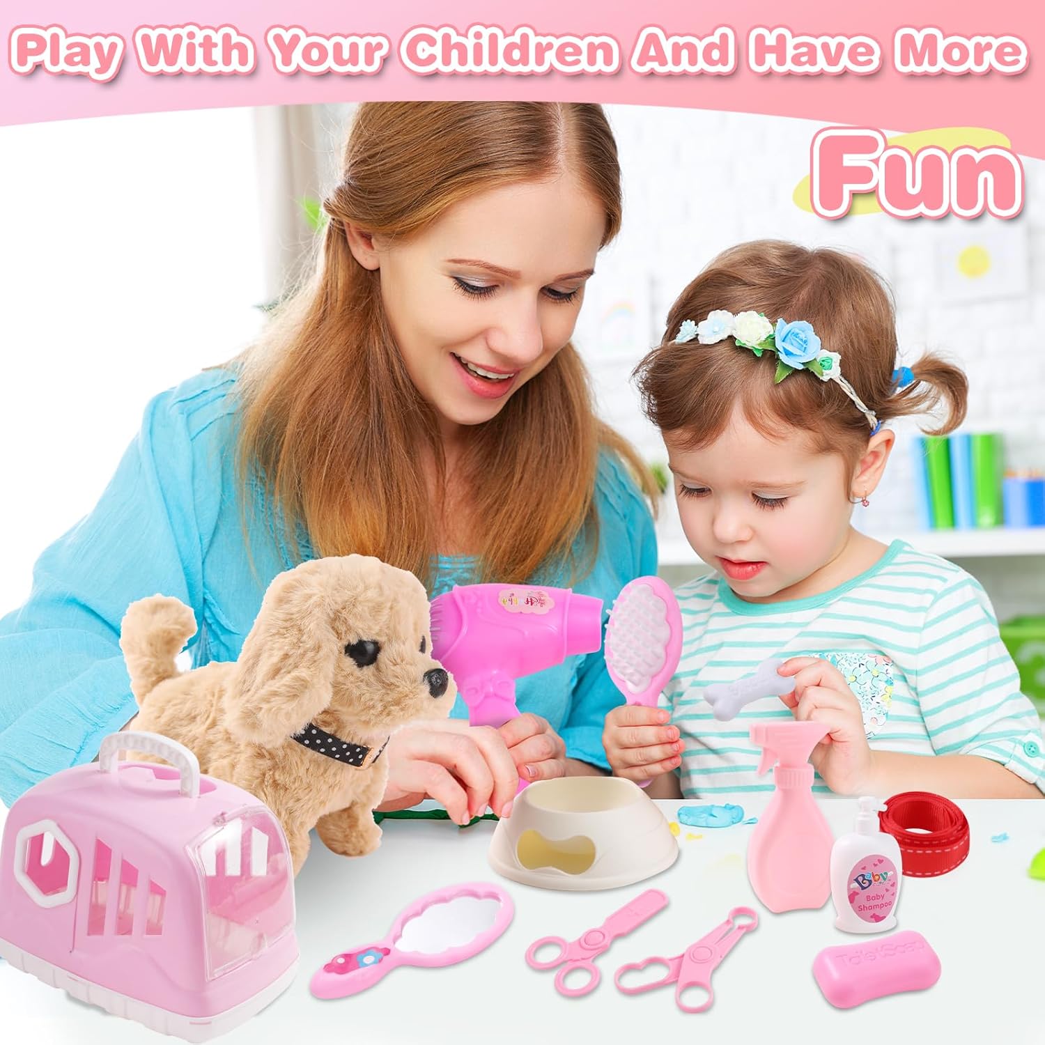 14PCS Dog Toys for Kids, Walking Barking Electronic Interactive Plush Puppy Toy with Carrier and Accessories, Pet Care Toy Set for Kids, for Girls and Boys 3 4 5 6+ Year Old - Image 5