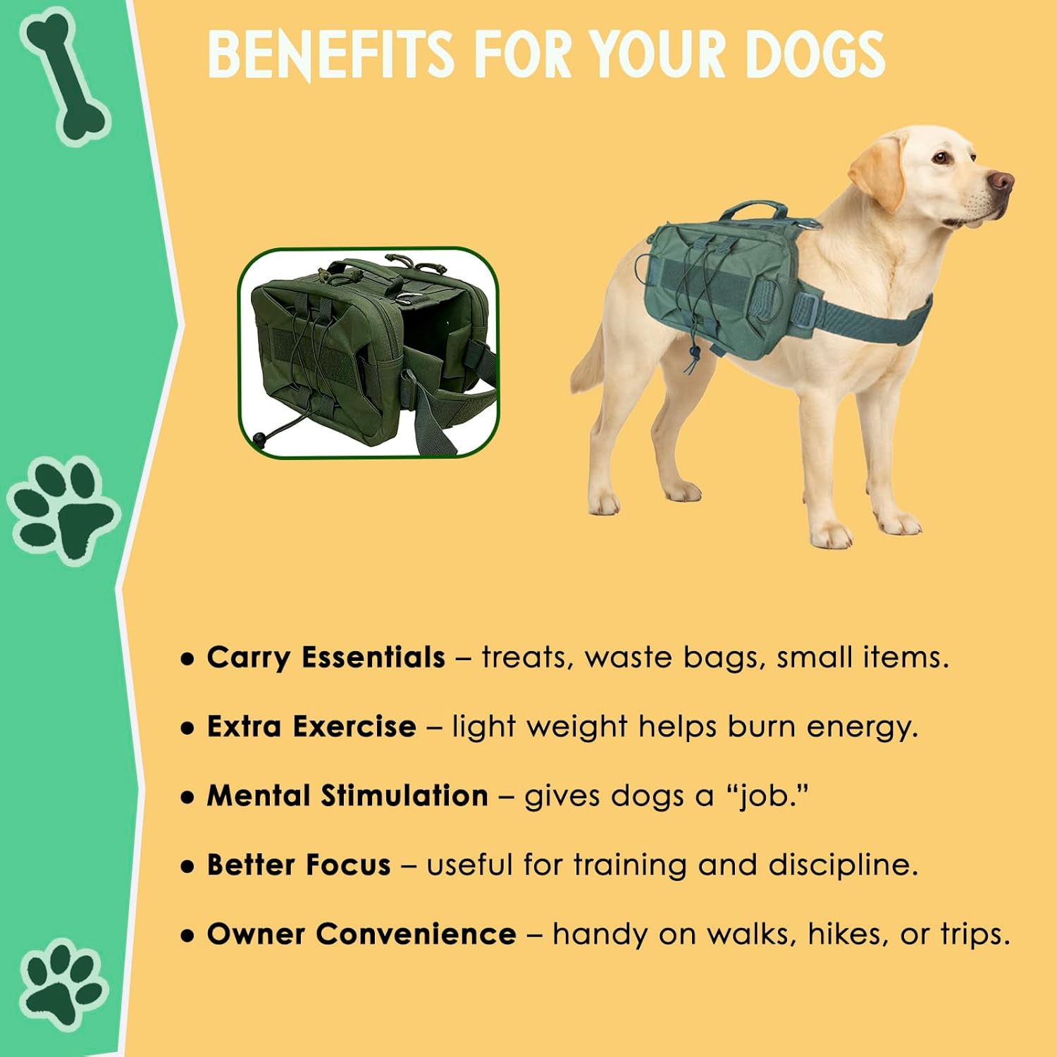 Dog Backpack for Hiking - Camping - Waterproof Medium & Large Dogs, Saddle Bags for Dogs, Tactical Dog Backpack Harness with 2 Side Pockets (Army Green, Medium) - Image 3