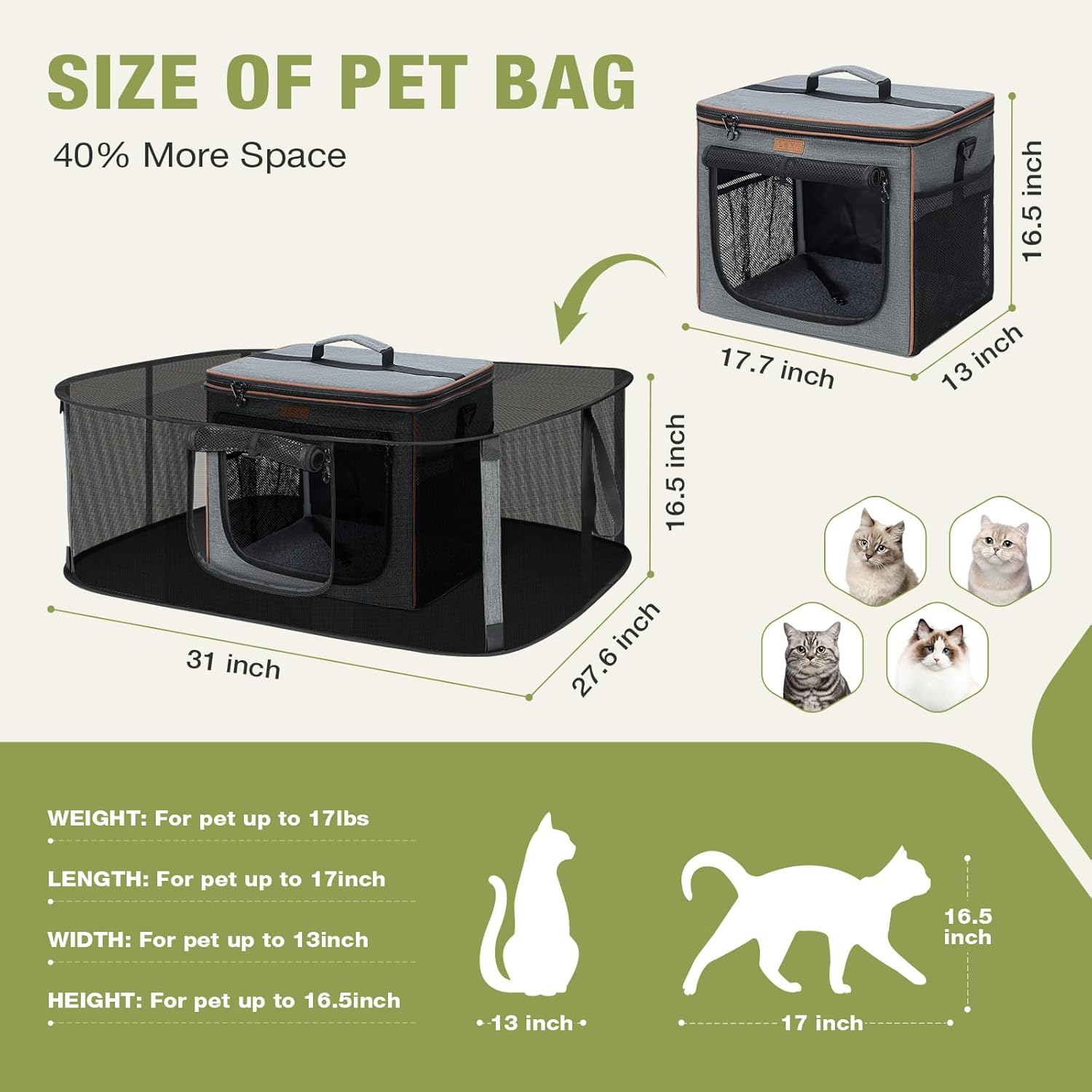 Lekereise 360 Degrees Expandable Pet Carrier Soft-Sided Pet Carrier, Large Expandable Space, 31"*27.6"*16.5" Cat, Dog Carrier, Cat Mobile Tent Outdoors Indoors for Small Animals(Grey) - Image 2
