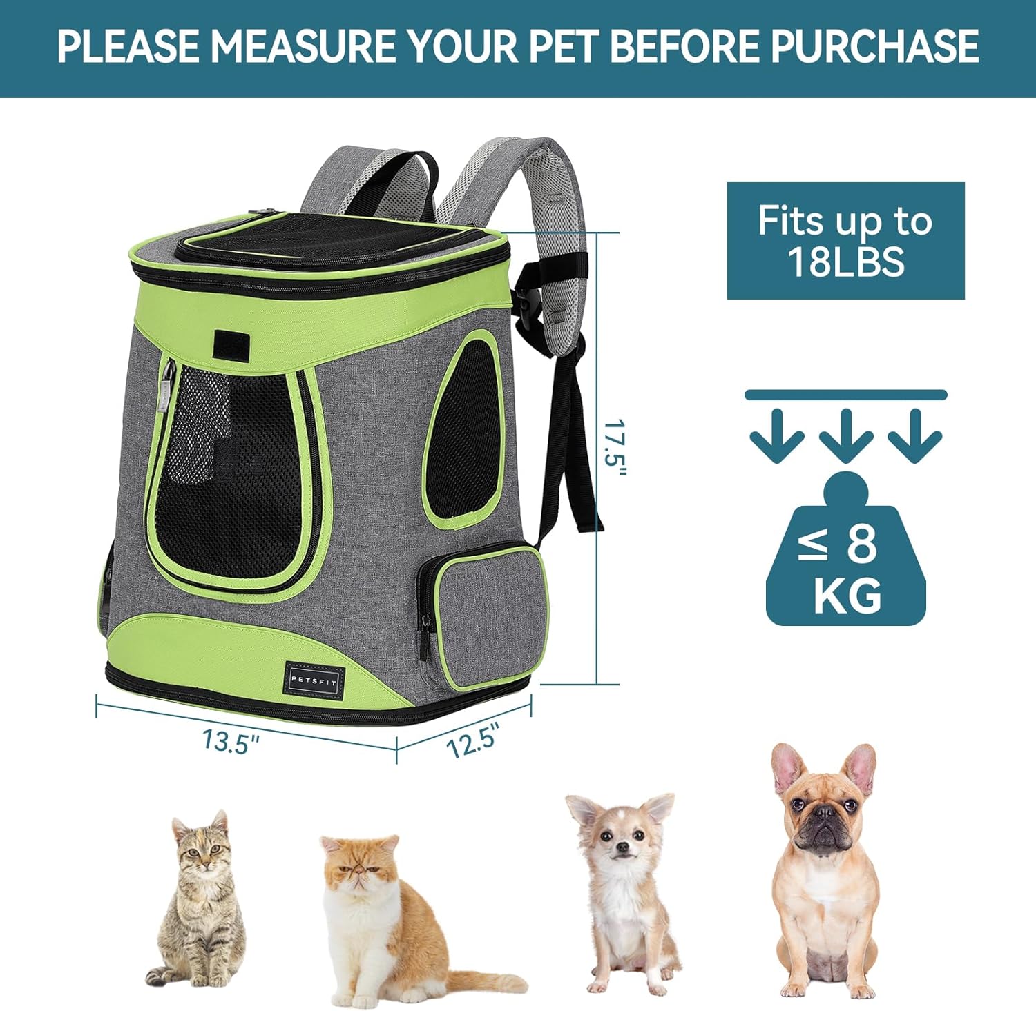 Petsfit Pet Backpack Carrier Easy-Fit Dog Travel Backpack Carrier for Hiking Walking Cycling Suitable for Small Medium Dogs Cats and Rabbits up to 22 Pounds, Green - Image 3