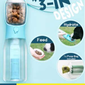 Portable Water Bottle for Dogs, 3 in 1 Pet Travel Bowl Dispenser with Food Treat Container & Poop Bag Holder, Summer Outdoor Walking Hiking Accessories for Large Dog On The Go – Blue, 20oz
