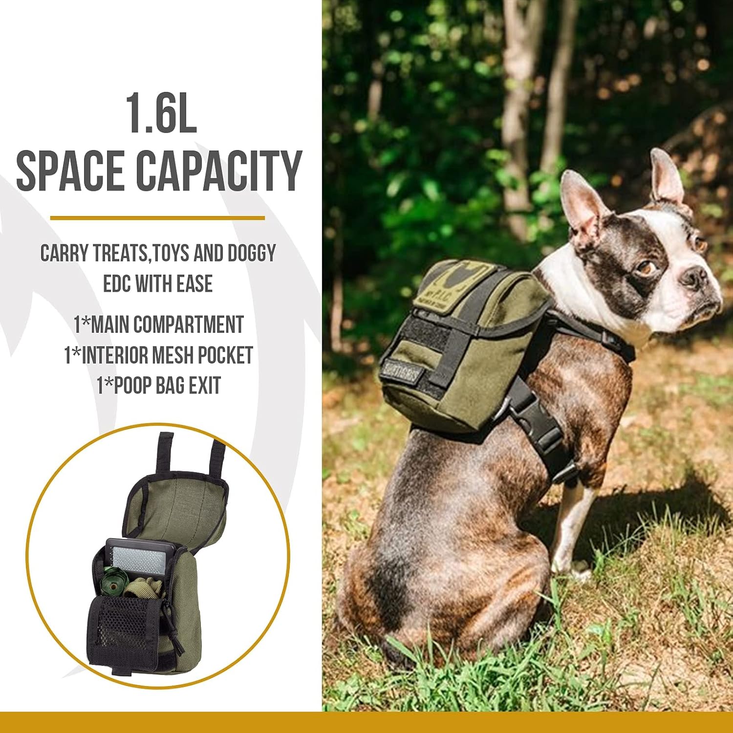 OneTigris Dog Pack, Backpack Durable Small Medium Dog Pack with Litter Bag Exit for Camping Hiking Daily Walking (Ranger Green, X-Small) - Image 4