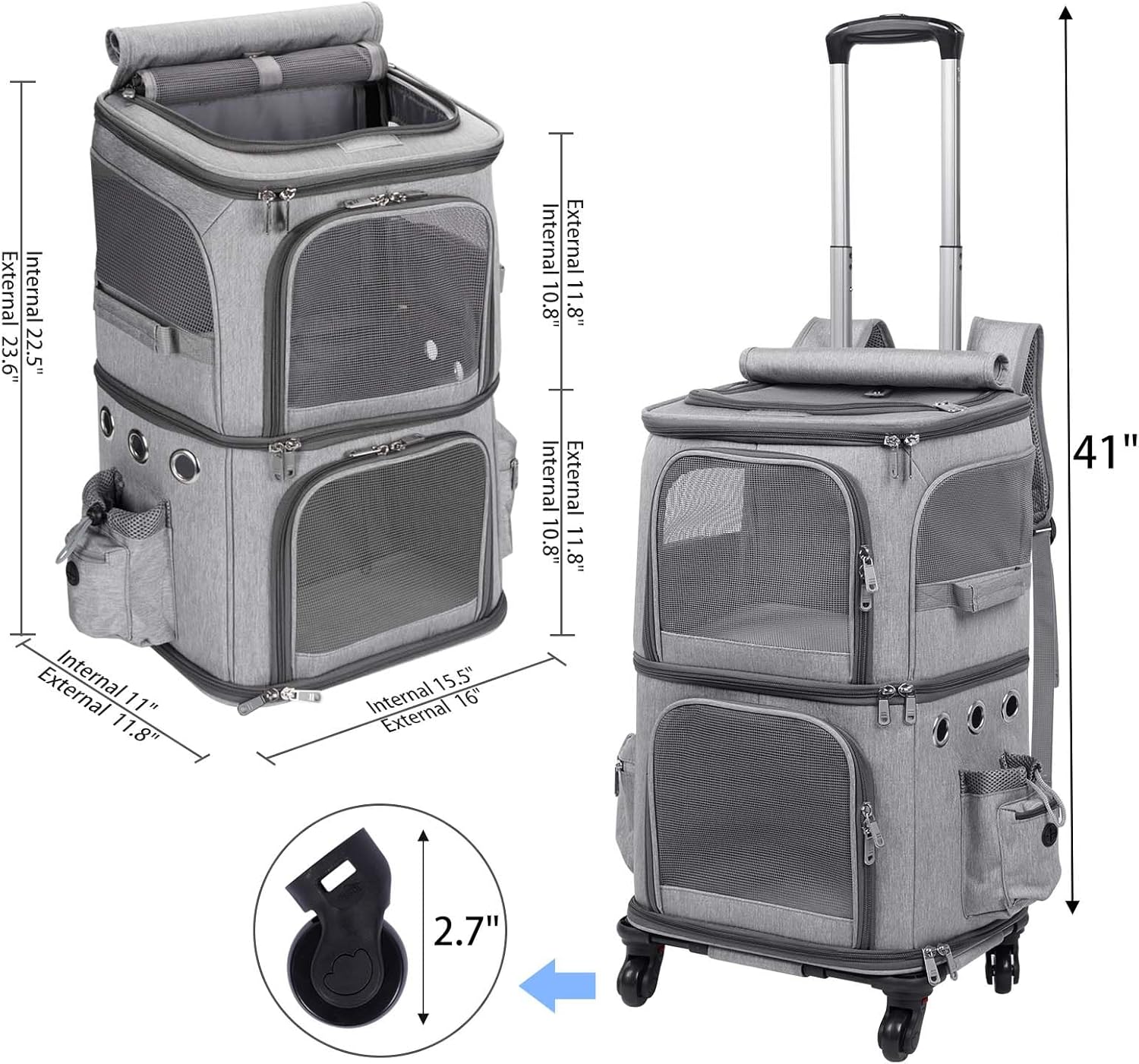 Extra Large Double-Compartment Pet Carrier Backpack with Wheels for Small Dogs and Cats, Cat Rolling Carrier for 2 Cats, Perfect for Traveling/Taking a Walk/Trips to The Vet, Grey - Image 6