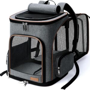 Lekereise Cat Backpack Expandable Pet Carrier Backpack for Small Cats and Dogs, Airline-Approved Foldable Dog Carrier Backpack with Inner Safety Leash, Grey