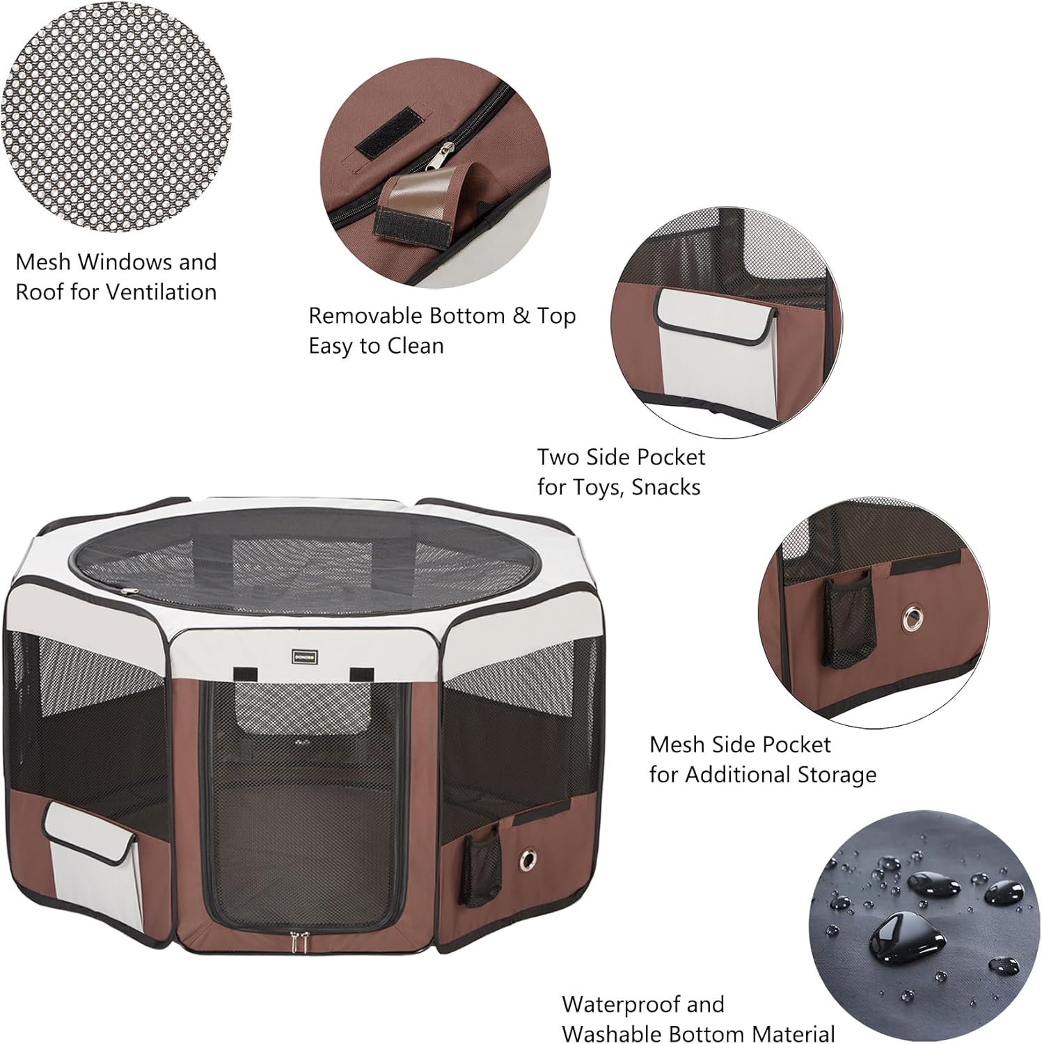 DONORO Dog Playpen 46" Portable Pet Play Pens for Small Medium Dogs, Foldable Exercise Kennel Tent Crate Indoor/Outdoor Travel Camping, Removable Top/Bottom (Brown, Large (46"x46"x23"), 8) - Image 2