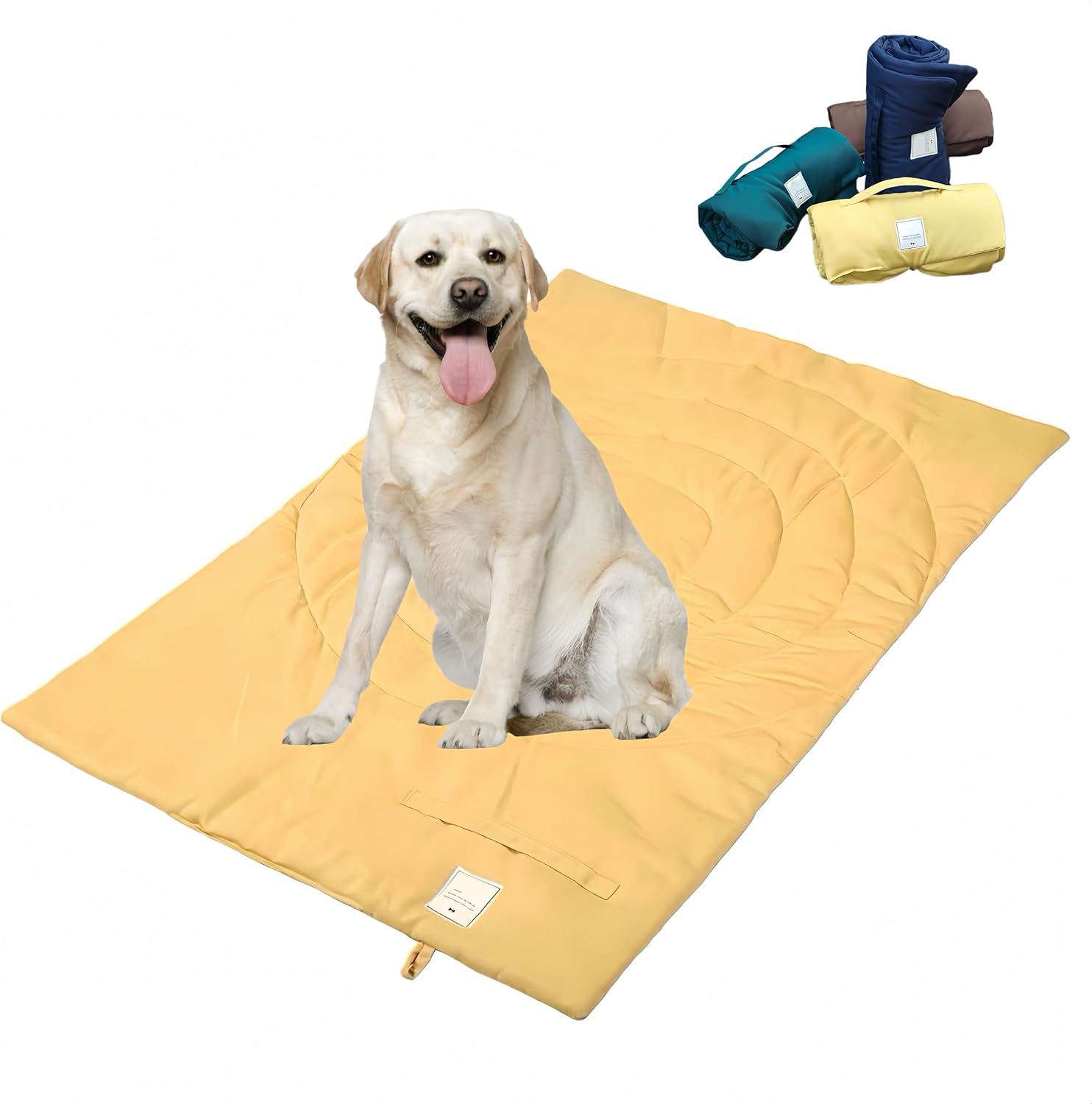Foldable Waterproof Dog Mat | 37.4"x25.6" Portable Camping Travel Bed with Handle | All-Breed Training Pad, Machine Washable | Blocks Moisture, Easy Clean for Outdoor Adventures (Yellow)