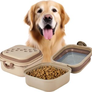 Collapsible Dog Water Bowl 30oz, 2 in 1 Portable Travel Dog Food Bowl with Lid, Easy Carry Loop Handle, Foldable Dog and Cat Food Bowl, Perfect for Traveling, Walking, Hiking (Khaki)
