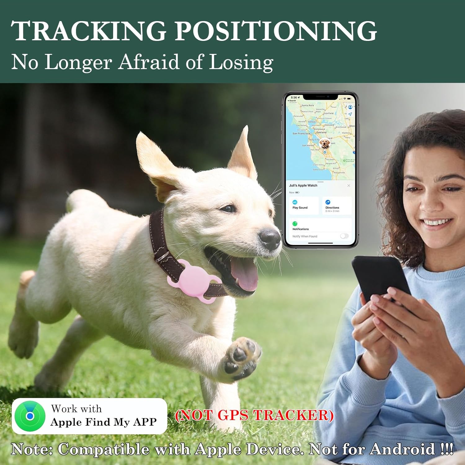 Smart Dog Tracker, Waterproof Pet Location Tracker, MFi Certificated Tracking Device with Collar Holder, No Monthly Fee, Works with Find My,Not GPS Tracker (iOS Only) (Pink) - Image 2