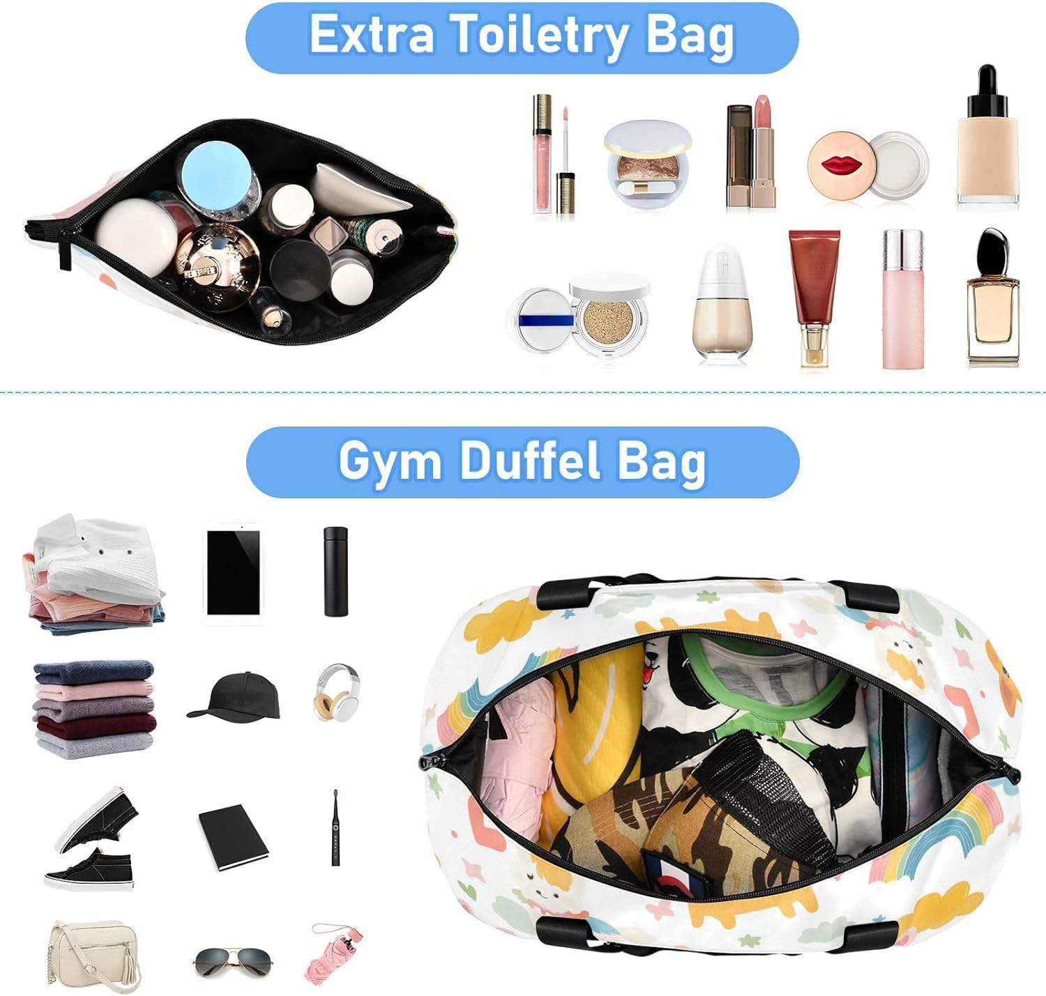 Cartoon Cute Colorful Dog Rainbow Sports Tote Gym Bag Travel Weekender Gear Bag with Adjustable Strap for Yoga Waterproof - Image 4