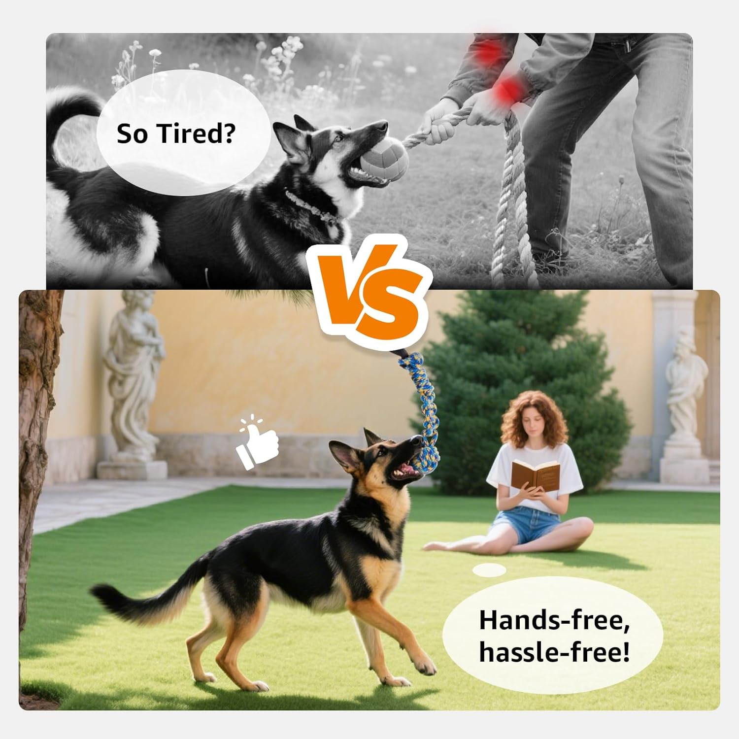 LOOBANI Outdoor Bungee Tug Toy, Dog Toy Hanging from Tree for Small to Large Dogs, Interactive Exercise Play Cord & Tether with Chew Rope Toy (Tree Stump Tug of War-Black) - Image 6