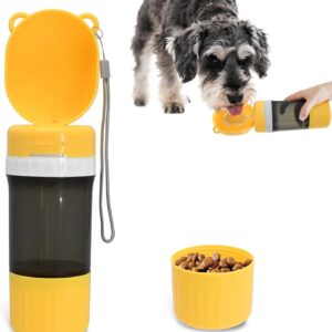 2-in-1 Pet Travel Water Bottle & Food Container - 14 oz Water + 6 oz Food Dispenser, Leak-Proof Portable Dog Water Bottle Bowl for Walking, Hiking, Camping Yellow