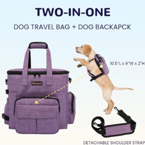 Modoker Dog Travel Organizer Carriers for Supplies & Accessories, Airline Approved Cat Pet Travel Bag, 2 Collapsible Bowls, 2 Travel Dog Food Container, Purple