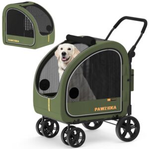 PAWZIDEA Dog Stroller for Large Dogs, Collapsible Pet Stroller with Detachable Carrier, Portable Dog Crate for Car Seat, Adjustable Handle, All-Terrain 9” Wheels, Ideal for Travel & Outdoor Adventures