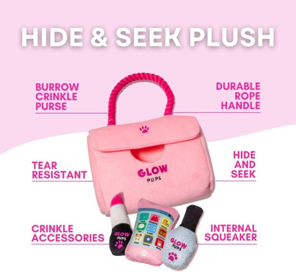 Hide and Seek Dog Toy, Pink Purse Plush Dog Toy with Squeakers, Crinkle Material & Rope Handle, Interactive Plush Lipstick, Cell Phone & Nail Polish Toys for Small Dogs - Pink/Fuchsia - Image 4