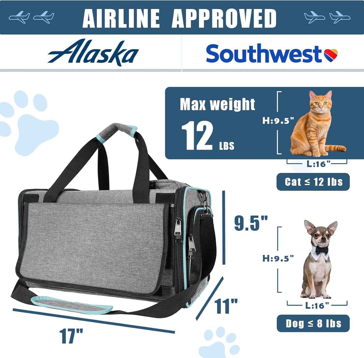 Cat Carrier Alaska Airline TSA Approved 17x11x9.5 Soft-Sided Small Pet Air Travel Carry Bag, Southwest Airplane Kitten 12lbs Crate in Cabin Under-Seat Traveling Cage Tiny Dog Under 8 Pound - Image 2