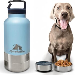 MurphyBlue Dog Water Bottle | 32 oz. Capacity Insulated Stainless Steel, Lid w/Built-in Carabiner, BPA Free Plastic Detachable Bowls, Portable Dog Water Bottles, Travel Bowls for Pets