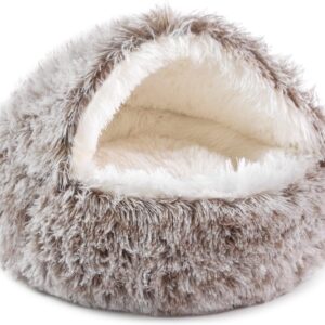 NOYAL Round Hooded Donut Dog Bed for Small & Medium Pets - Plush Fluffy Anti-Anxiety Cat Cave Bed with Cover
