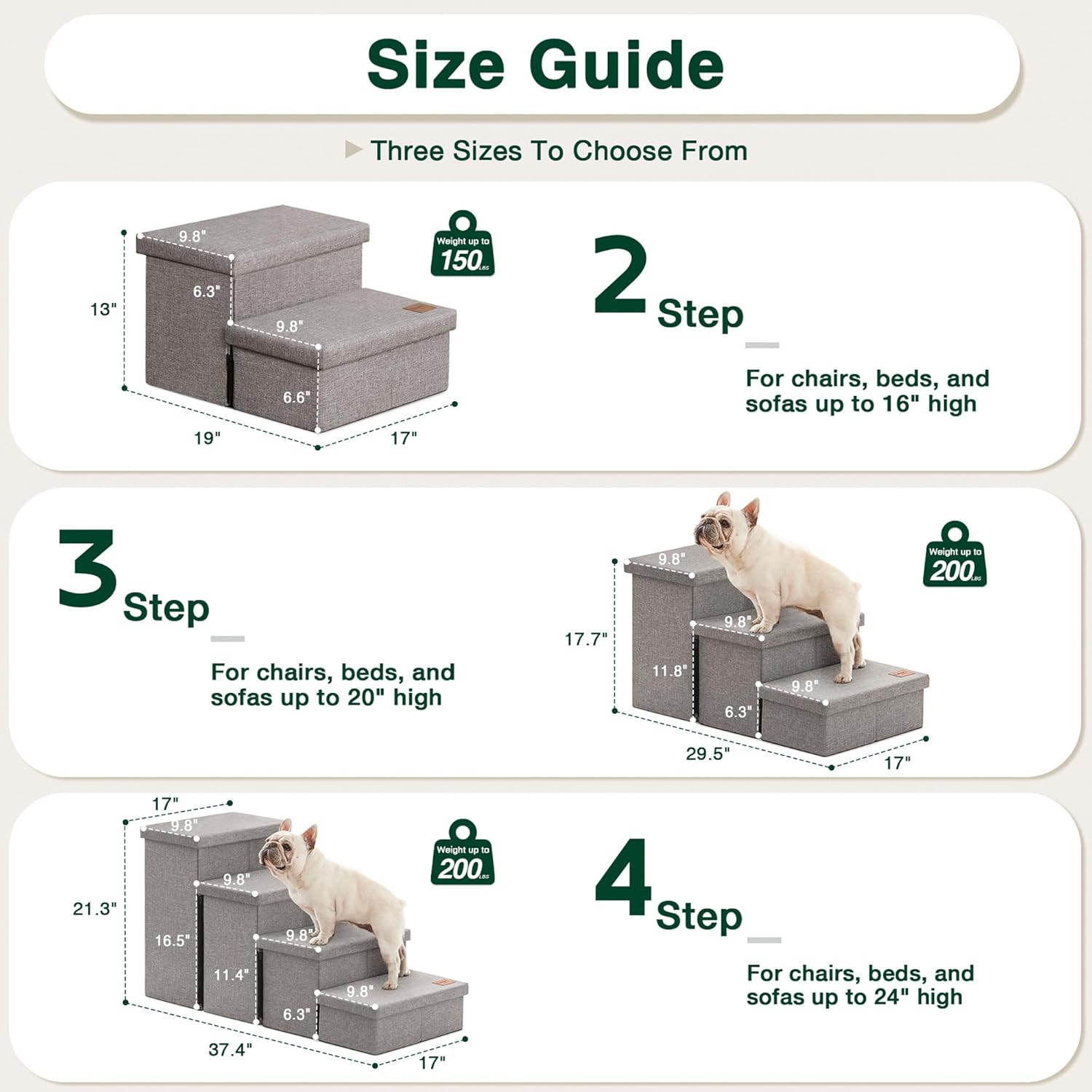 Love's cabin Dog Stairs for High Bed 18"H,Foldable Pet Stairs for Small Medium or Large Dogs Puppy with Storage for Bed or Couch, Cat Dog Steps Ramp with Zip up to 200 lbs(Solid Grey,3 Steps no Condo) - Image 2
