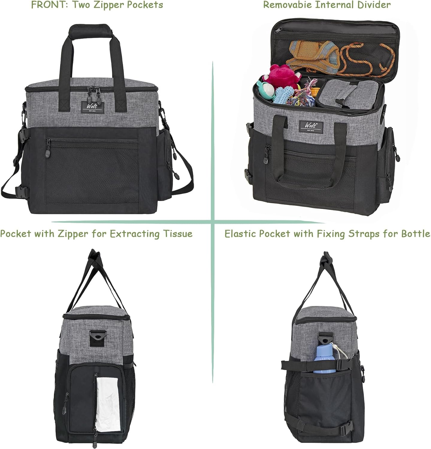 WOLT Dog Travel Bag Dog Bag for Traveling and Supplies with 2 Collapsible Bowls, 2 Food Containers, 1 Place Mat, Grey - Image 5
