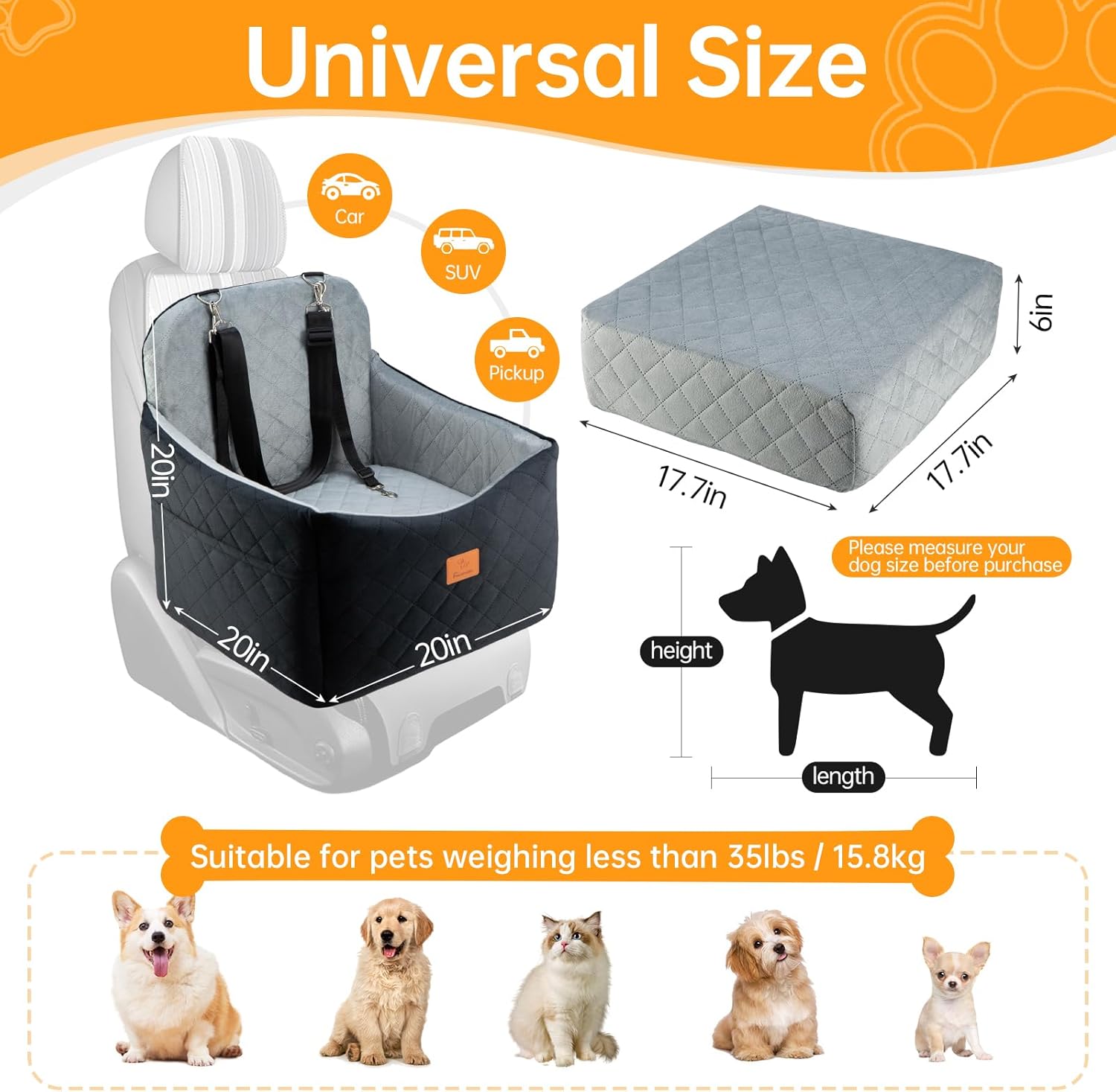 Dog Car Seats for Small/Medium Dogs, FurFrolic Memory Foam Dog Booster Seat for Small Dogs up to 35 lbs, Travel Pet Car Seat with Washable Detachable Cover, Storage Pockets, 2 Safety Belts, Black Gray - Image 2