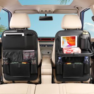 2PACK Leather Car Backseat Organizer with Tablet Holder – 9 Large Storage Pockets, Foldable Food Tray & Anti-Scratch Kick Mats – Universal Car Seat Protector for Kids, Pets & Travel Accessories