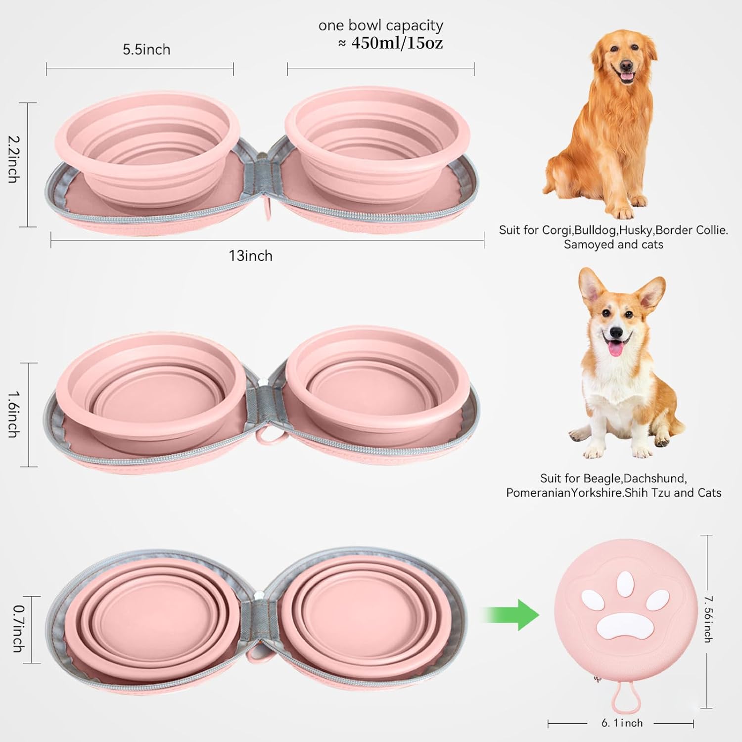 Collapsible 2-in-1 Dog Bowls: Leakproof Double Silicone Food & Water Bowl for Travel, Camping, Hiking - Portable Cat & Dog Feeding Supplies (Pink) - Image 2