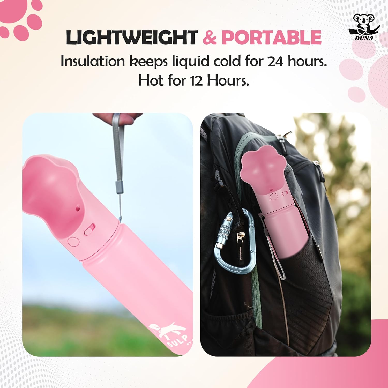 Gulp by Duna 18oz Insulated Stainless Steel | Travel Dog Water Bottle with Paw-Shaped Bowl, Leakproof | Portable with Carry Strap for Outdoor Walking, Hiking & Pet Hydration On-The-Go | Pink - Image 4