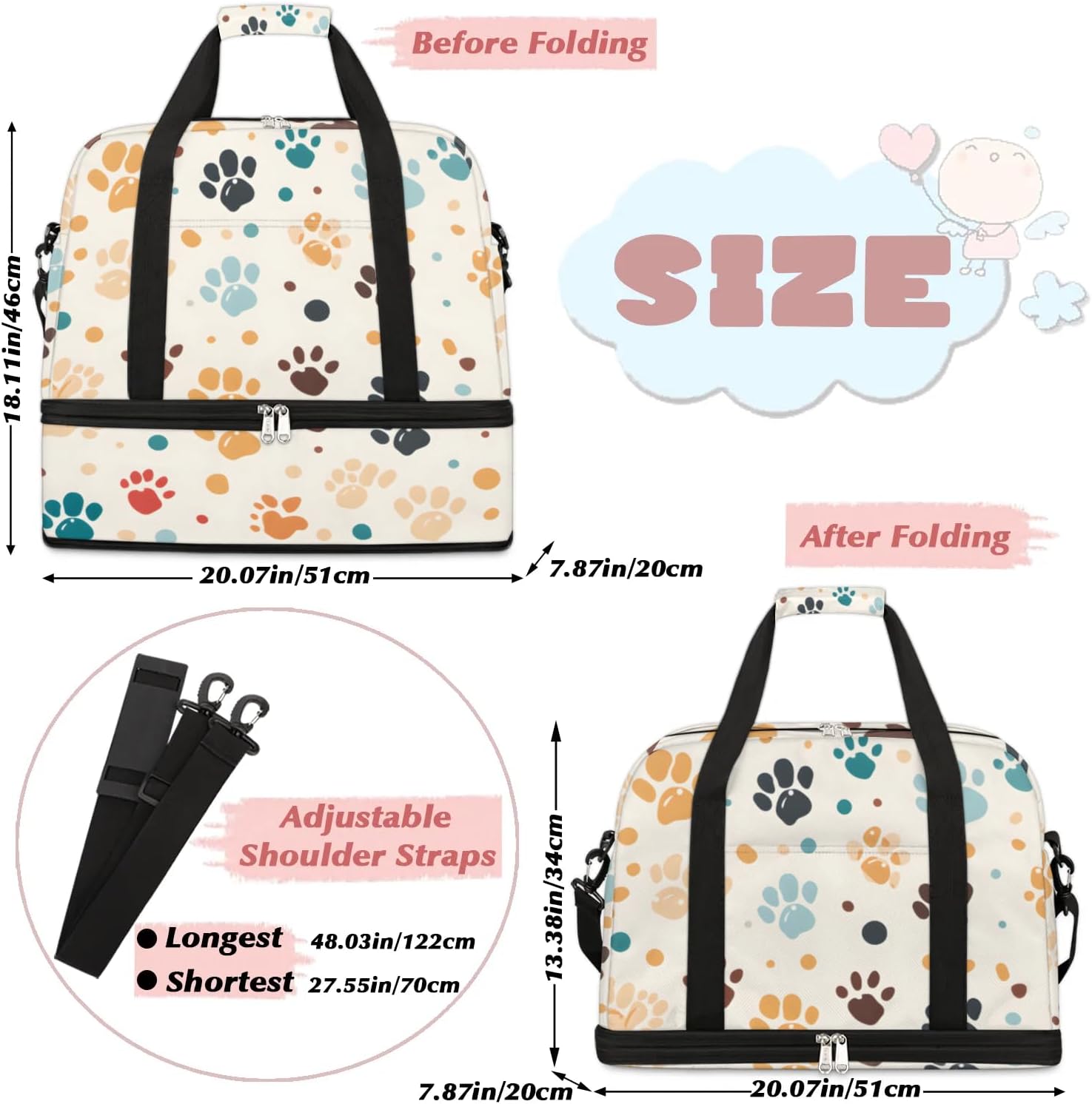 Foldable Travel Duffel Bag, Expandable Weekender Overnight Carry on Bags with Shoe Compartment Sport Tote Gym Luggage for Women Men, Dog Paws - Image 2