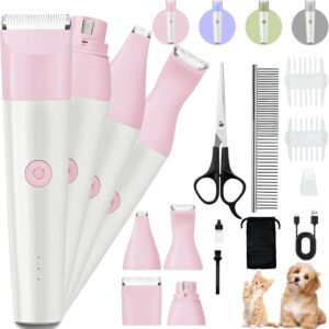 Dog Clippers Grooming Kit, 4 in 1 Quiet Cordless Dog Paw Trimmer & Nail Grinder, Small Cat Clippers Electric Rechargeable Low Noise Pet Shaver for Trimming Hair on Paw Eye Ear Face Rump (Pink)