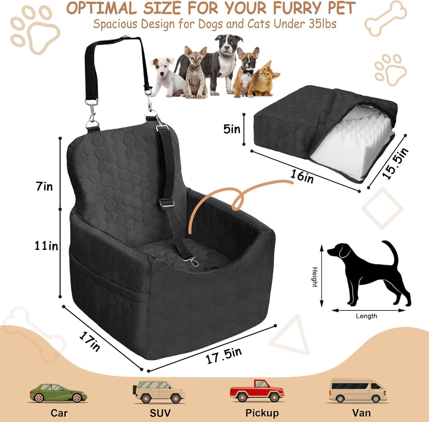 Dog Car Seat for Small/Medium Dogs - Dog Booster Seat with Safety Straps & Non-Slip Base, Travel Pet Car Seat with Storage Pockets, Washable & Removable, Suitable for Dogs Under 35 lbs (Black) - Image 2