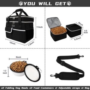 BAGLHER Dog Travel Bag for Supplies – Double-Layer Airline Approved Weekend Pet Travel Organizer Set for Dog and Cat Tote with 2 Pet Food Containers and 2 Collapsible Silicone Bowls Black