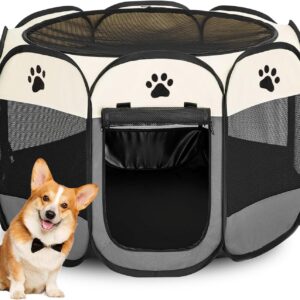 Dog Cat Playpen, Puppy Pet Playpen Indoor for Small Dogs Tent Crates Cage Outdoor, Portable Pop Up Dog Kennel Playpen Cat Tent for Dogs/Cats/Rabbits, Removable Zipper Top, Grey