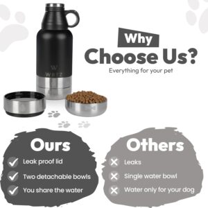 Stainless Steel Insulated Water Bottle with 2 Removable Water Bowls for Dogs – Leak-Proof Eco-Friendly Portable Dog Water Bottle – Travel Accessories for Dogs – 32oz – Black