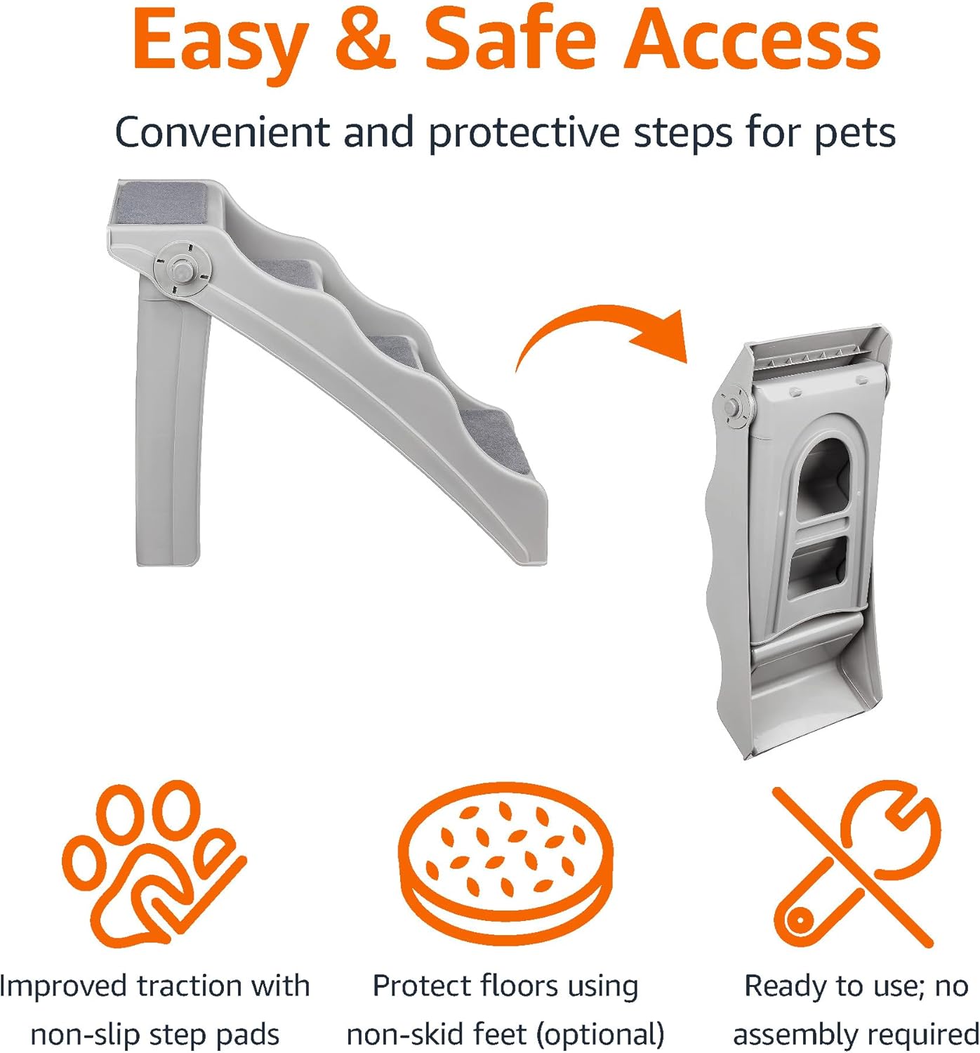 Amazon Basics Foldable Non-Slip Pet Stairs, Steps for Dogs and Cats, 14.6'' W x 22.75'' D x 19.5'' H, Grey - Image 2