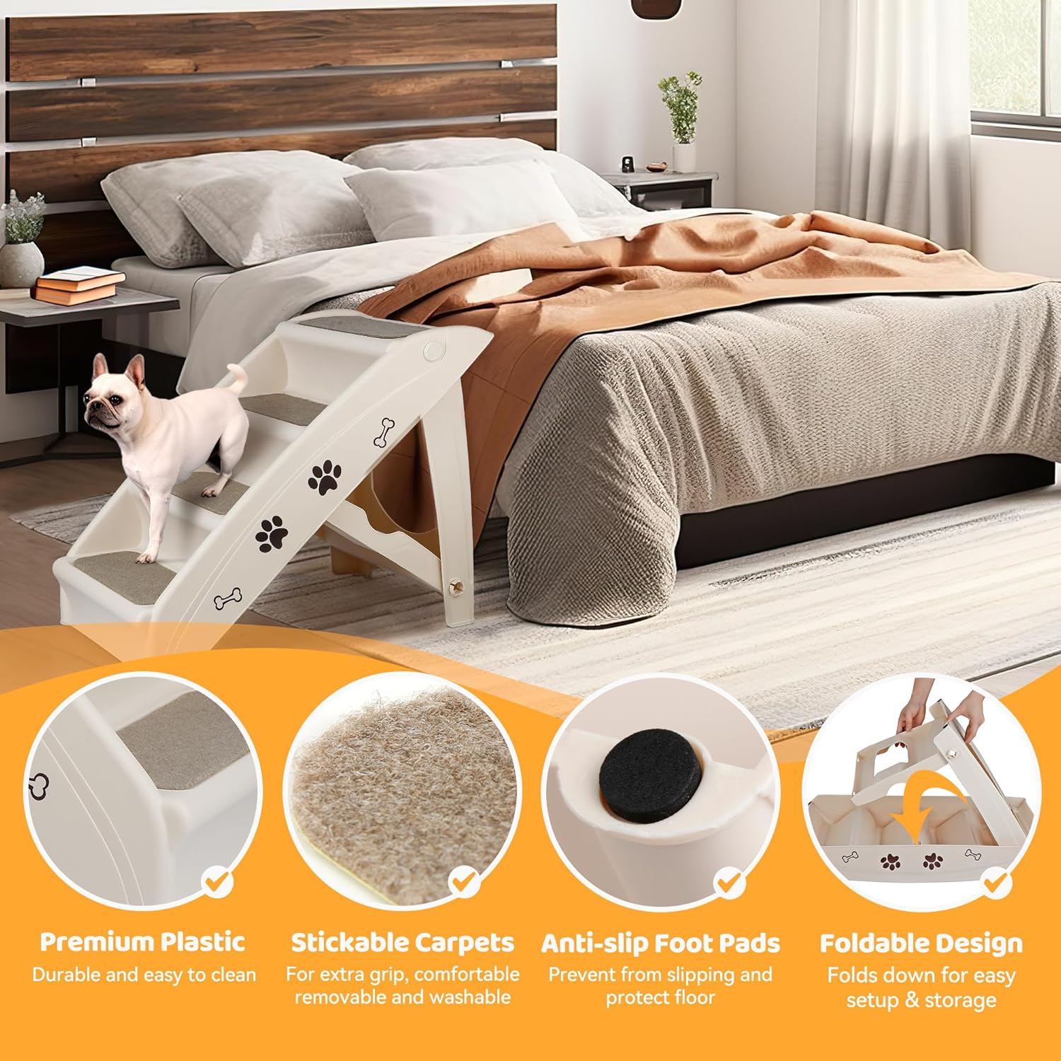 Dog Stairs for High Beds, Foldable Pet Steps Ramp with Non-Slip Bottom for Cats and Small Dogs, for Couch, Car, Portable Waterproof Dog Steps - Image 2